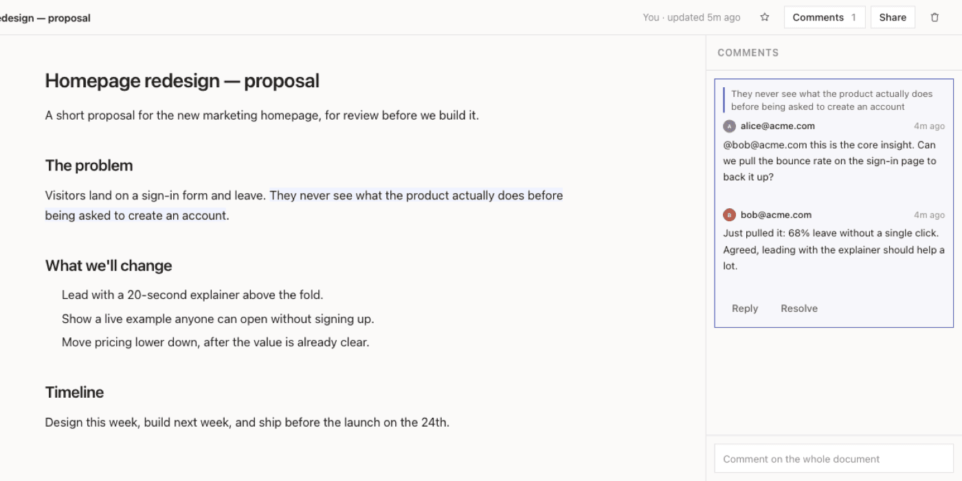 A published document with a comment thread attached to one highlighted sentence, and two people replying to each other on that line.